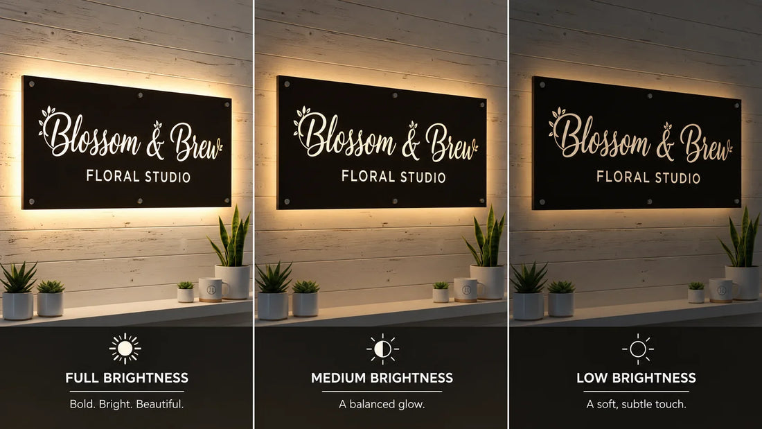 Illustrative illuminated business sign displayed at full, medium, and low brightness