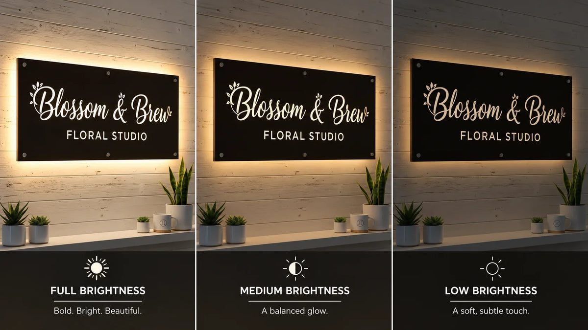 Illustrative illuminated business sign displayed at full, medium, and low brightness