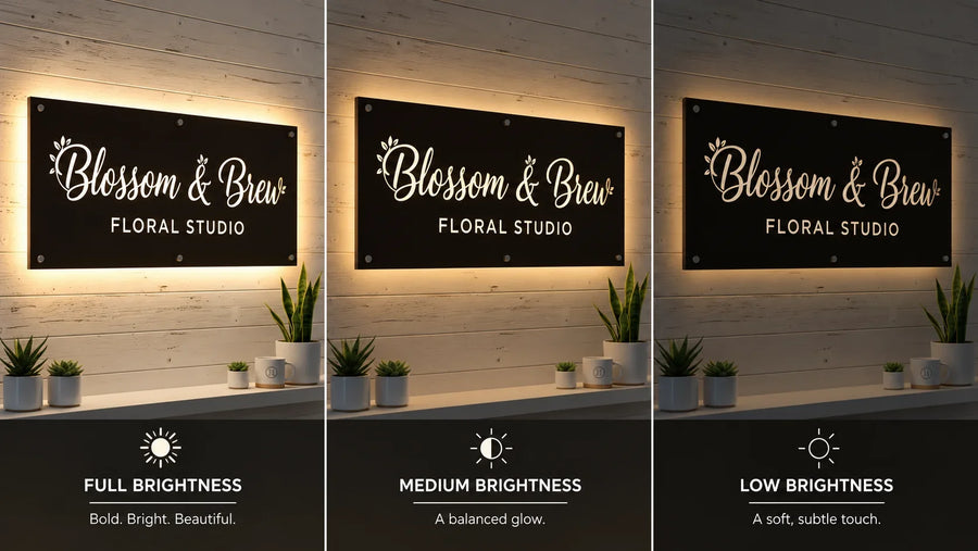 Illustrative illuminated business sign displayed at full, medium, and low brightness
