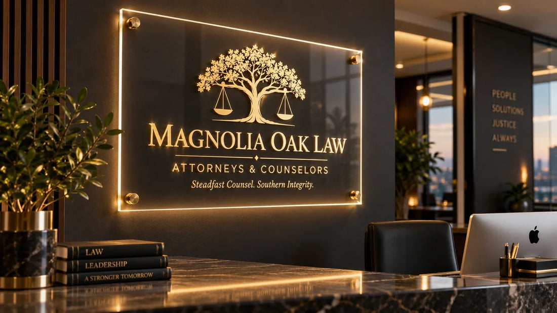 Illustrative edge-lit clear acrylic business sign with an illuminated perimeter and logo