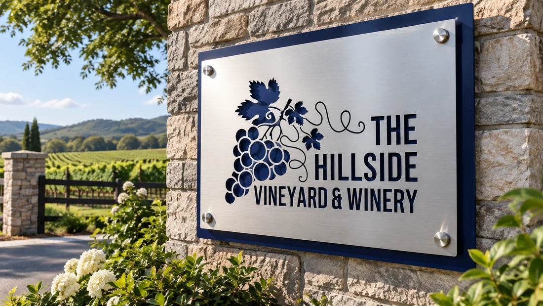 Illustrative outdoor metal vineyard sign on a masonry wall in a landscaped property