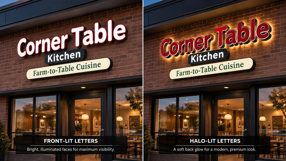 Illustrative comparison of front-lit channel letters and halo-lit storefront letters after dark