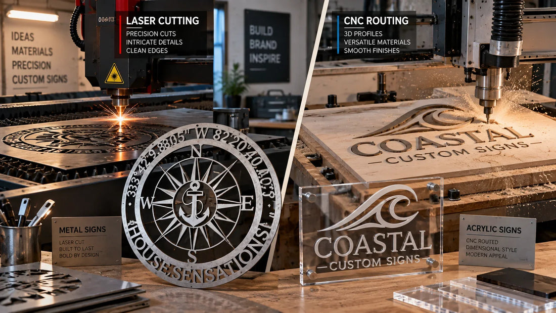 Illustrative comparison of a laser cutting machine shaping metal signs and a CNC router machining acrylic signage