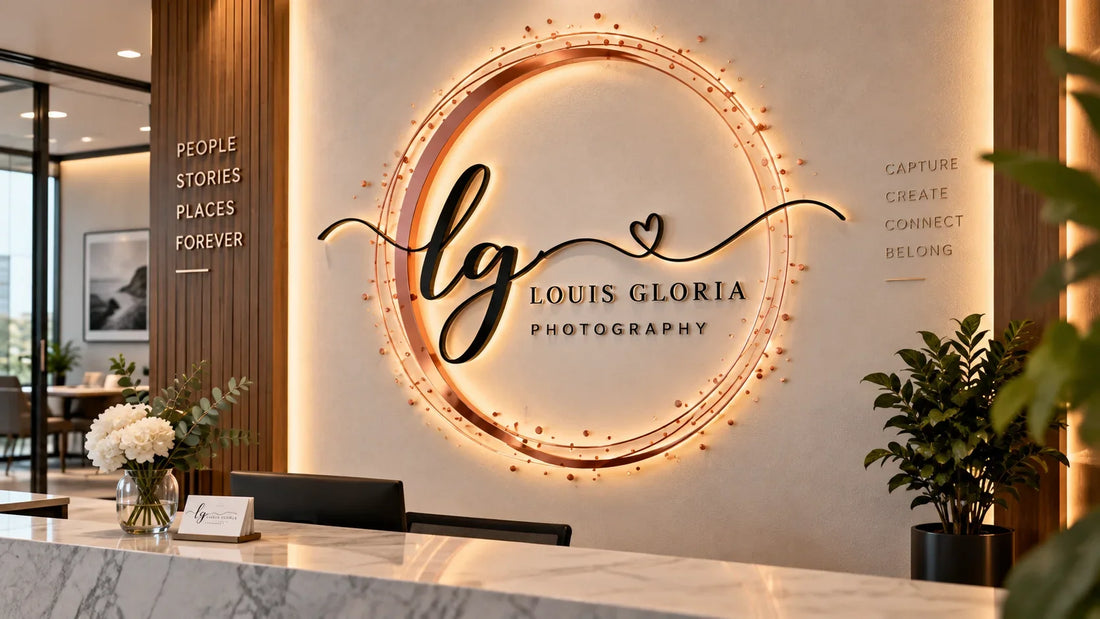 Illustrative reception-area dimensional logo sign with layered components and accent lighting
