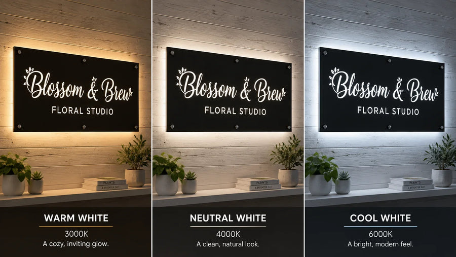 Illustrative warm, neutral, and cool white illumination comparison for a business sign