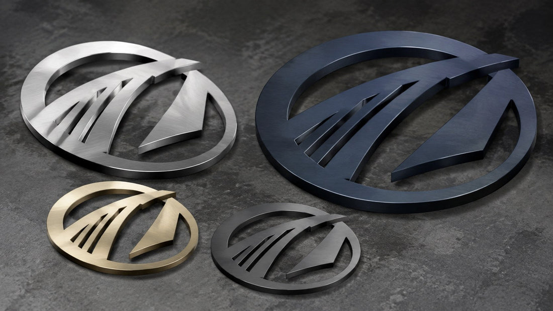 Illustrative precision-cut metal business logo samples showing sheet-metal design and edge details