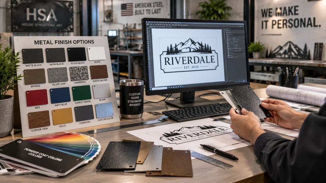 Illustrative metal-sign finishing workstation with color swatches and coated metal samples