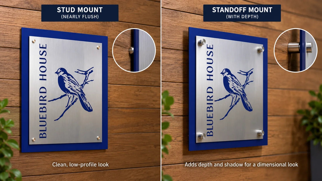Illustrative comparison of nearly flush stud-mounted signage and standoff-mounted signage with depth