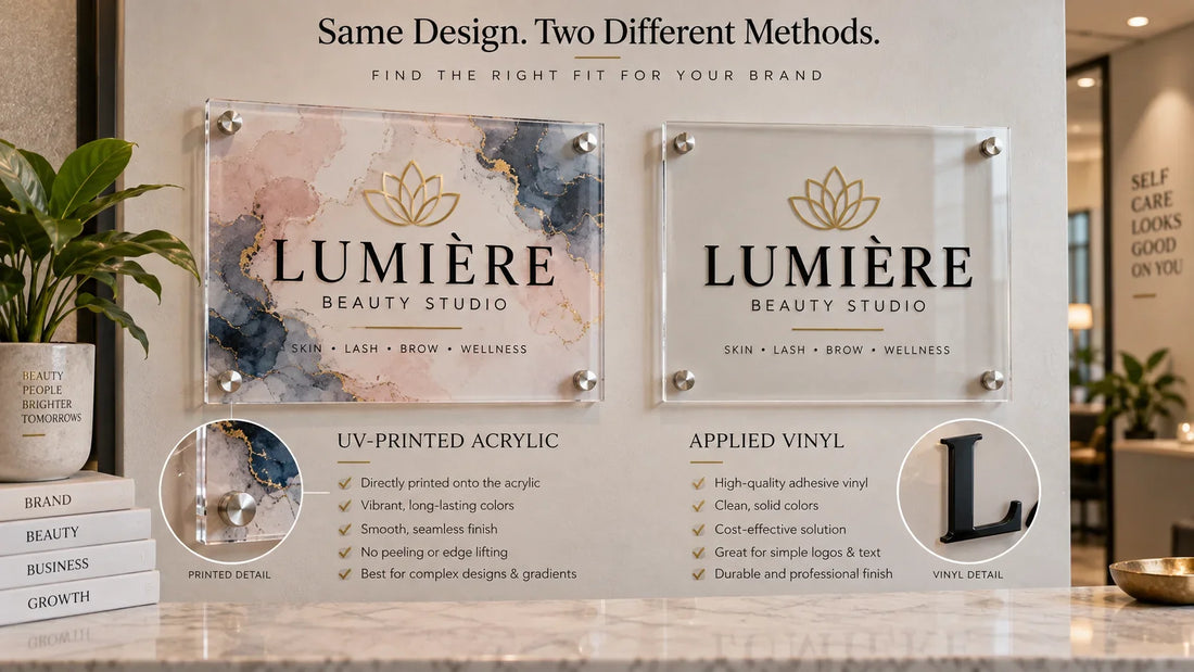Illustrative side-by-side comparison of a full-color UV-printed acrylic business sign and applied-vinyl acrylic lettering