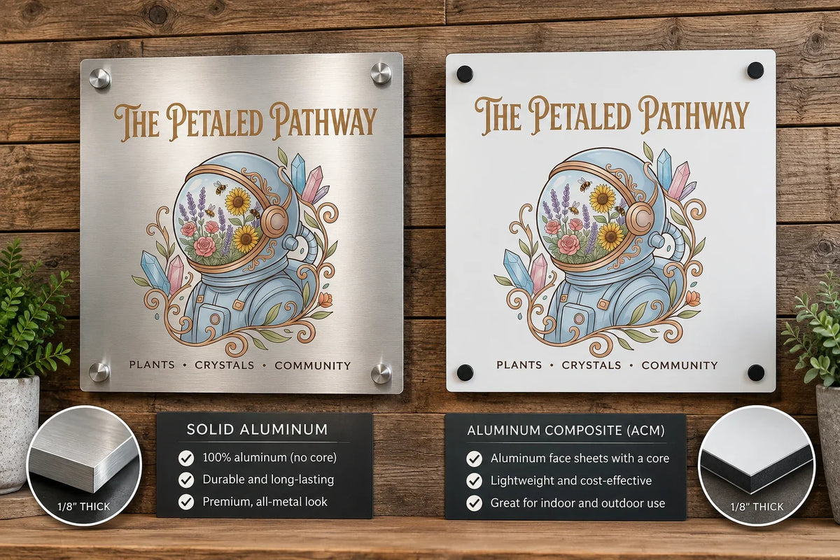 Solid aluminum and aluminum composite business signage comparison