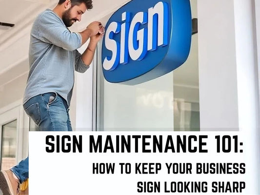 Business owner cleaning a storefront metal sign to maintain shine and readability