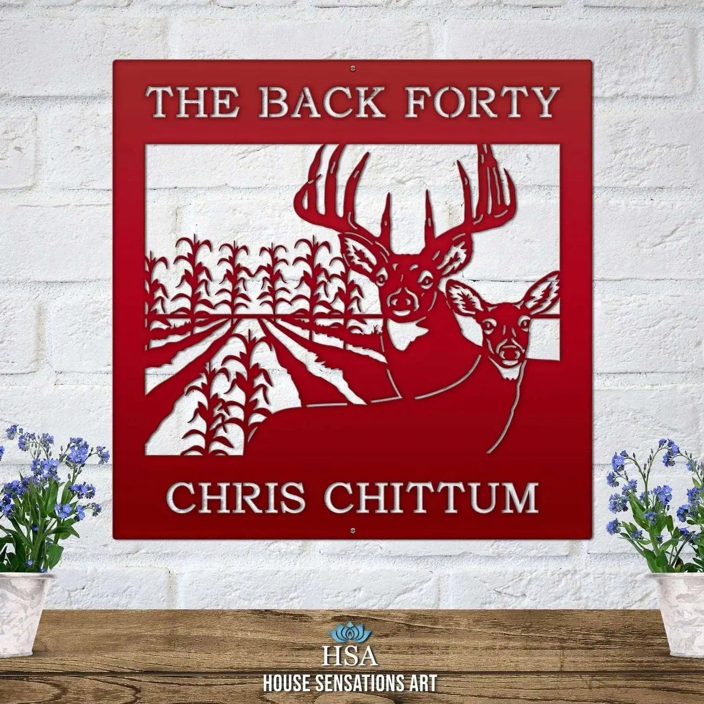 Deer & Corn Rows Farm Metal Sign - Custom Metal House Number Plaque showcasing a red deer with antlers and cornfield design, ideal for gardens, yards, or farms, enhancing outdoor decor.