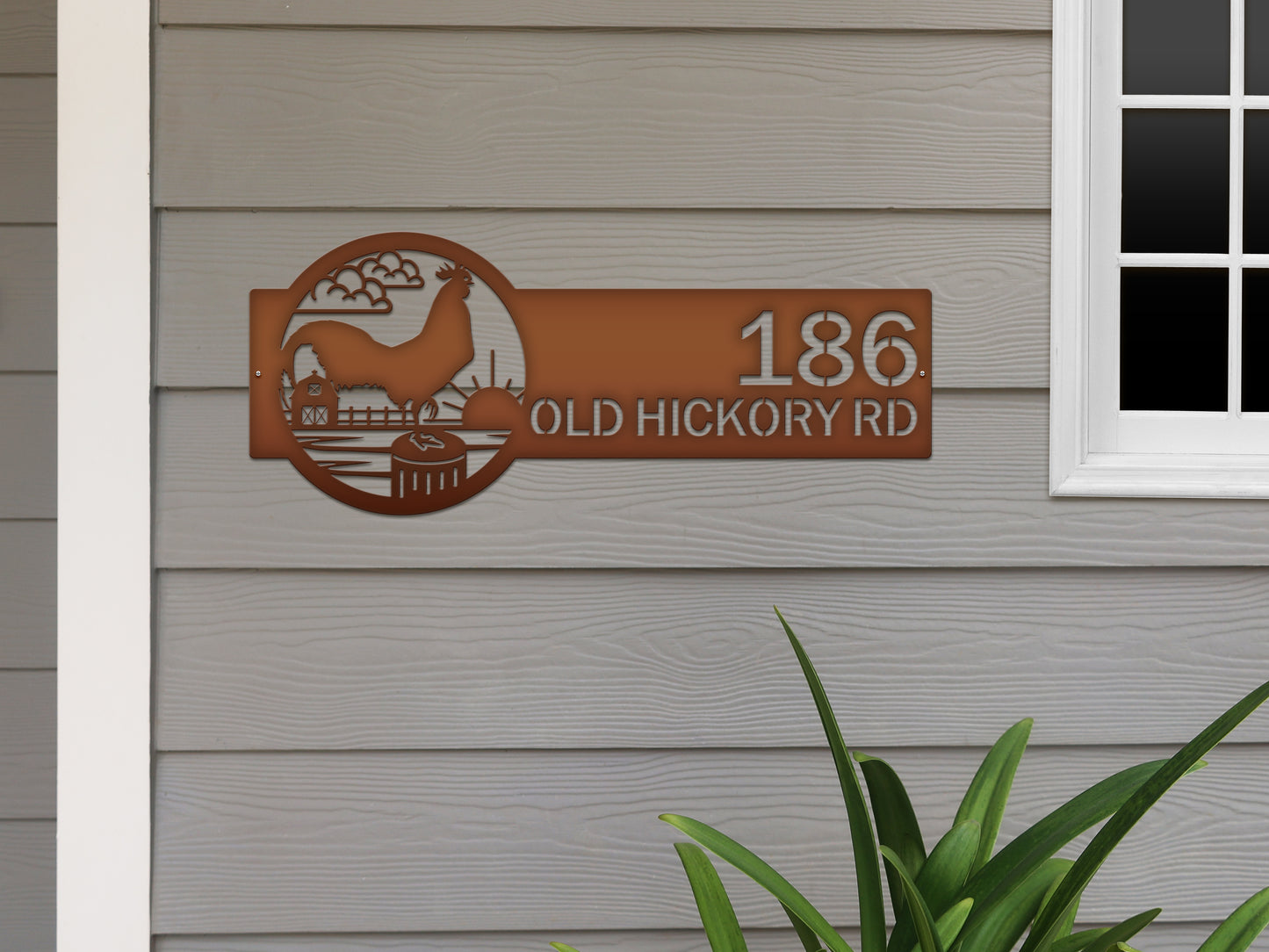 Rooster Farm Address Sign Plaque showcasing custom house numbers and street name, featuring a rustic metal rooster design; ideal for farmhouse décor and outdoor home signage.