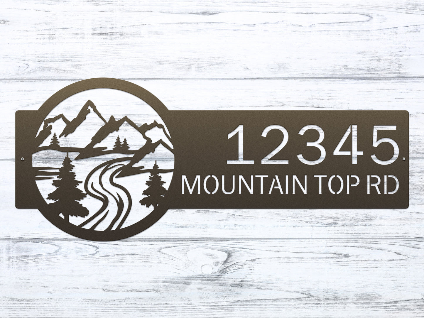 Desert Mountain Monogram Address Plaque featuring laser-cut metal mountains and river design, showcasing customizable house numbers. Ideal for enhancing home décor, crafted with weather-resistant materials for lasting outdoor use.