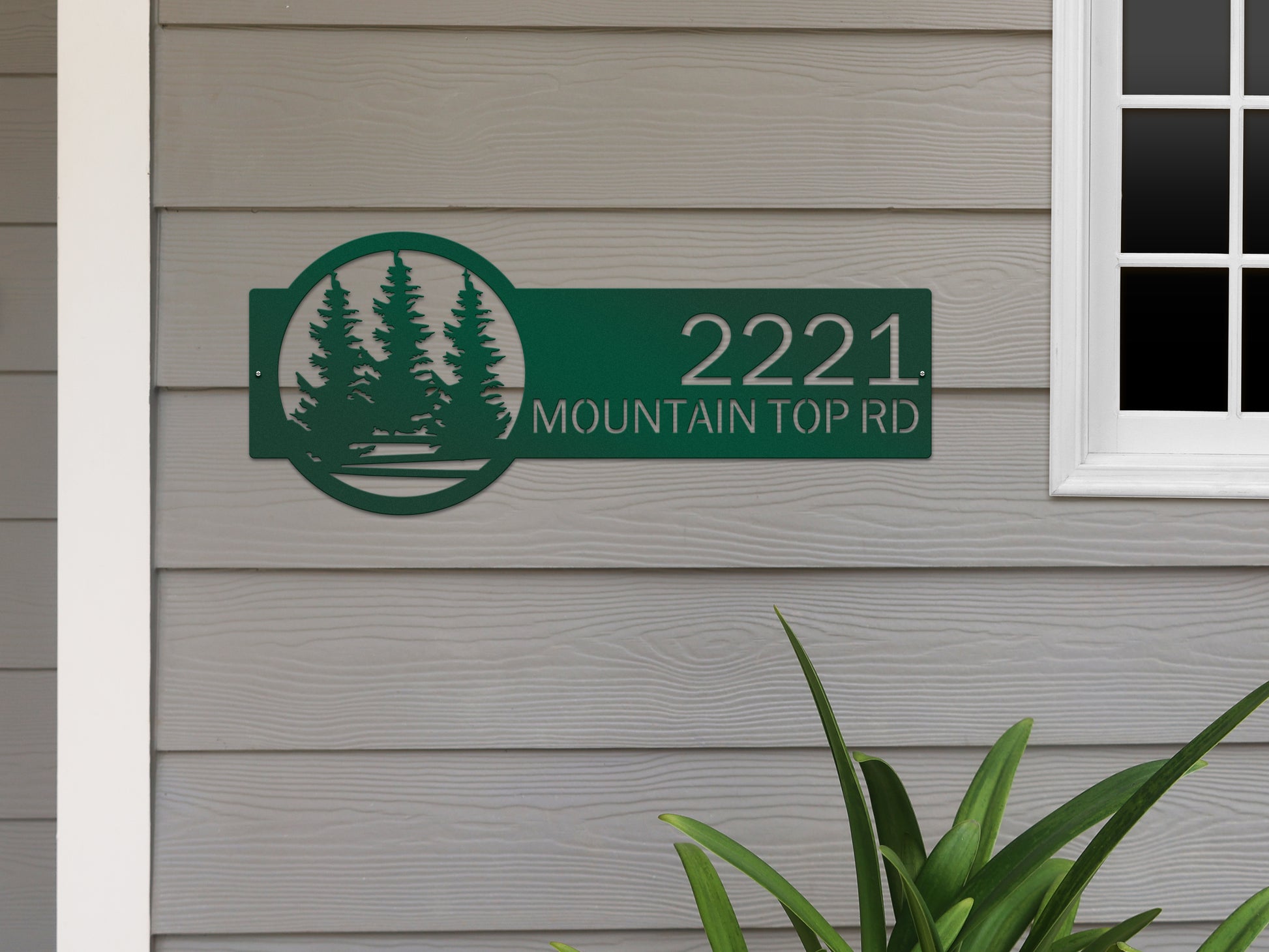 Evergreen Pine Trees Address Sign featuring custom house numbers and street name, crafted in durable steel with precision-cut details, ideal for enhancing home décor and gifting occasions.