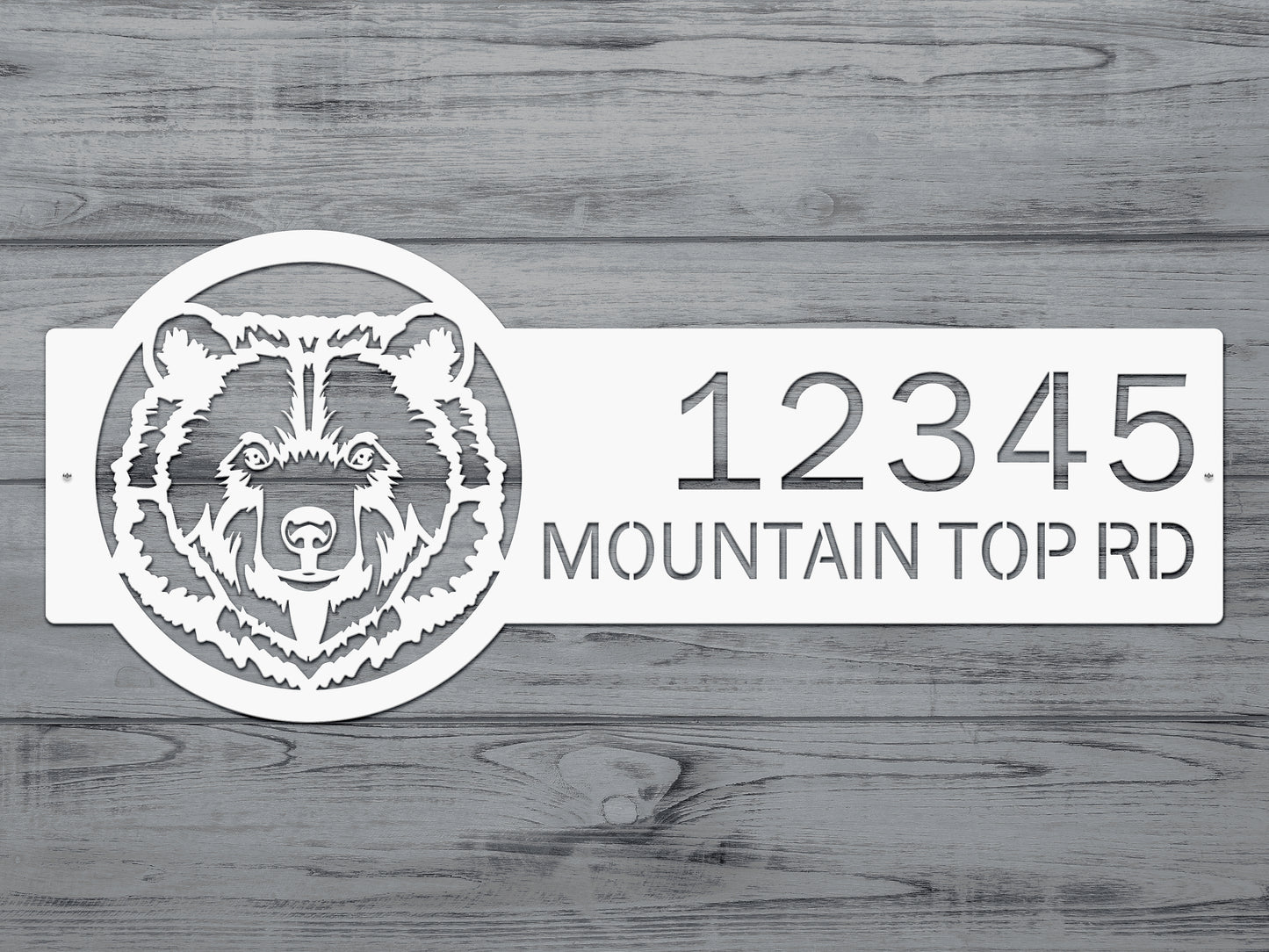 Bear Mountain Cabin Custom Address Sign – Custom Metal House Numbers, featuring a bear face design and laser-cut numbers, ideal for rustic home décor and outdoor weather-resistant display.