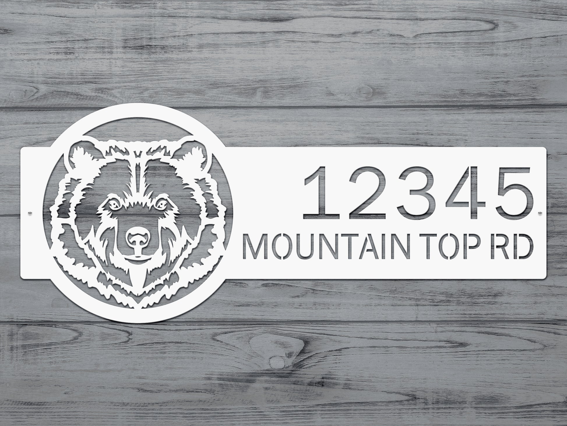 Bear Mountain Cabin Custom Address Sign – Custom Metal House Numbers, featuring a bear face design and laser-cut numbers, ideal for rustic home décor and outdoor weather-resistant display.