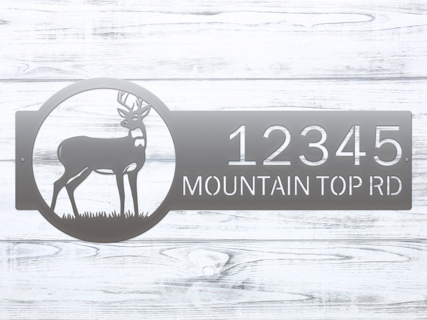 Customizable Deer Address Sign featuring a metal deer silhouette and cut-out house numbers, crafted from durable steel for outdoor use, ideal for nature-themed home decor and personalization.