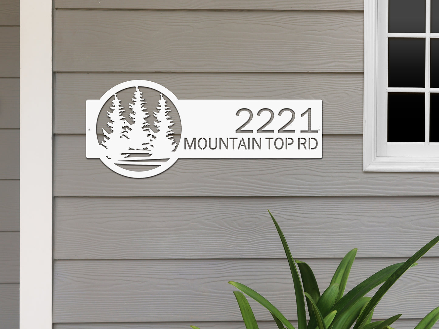 Evergreen Pine Trees Address Sign showcasing laser-cut steel craftsmanship with tree motifs and customizable house numbers, ideal for enhancing curb appeal with durable, weather-resistant design for outdoor use.