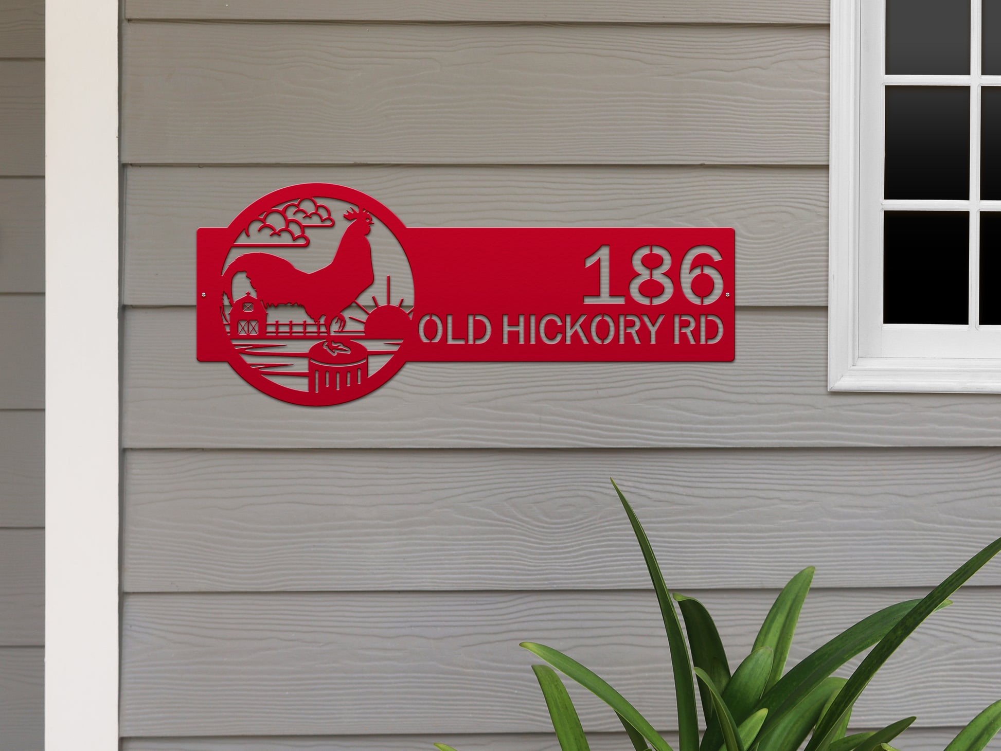 Rooster Farm Address Sign Plaque featuring a red rooster design, customizable house numbers and street name, ideal for outdoor home décor and gifting, crafted by House Sensations Art.