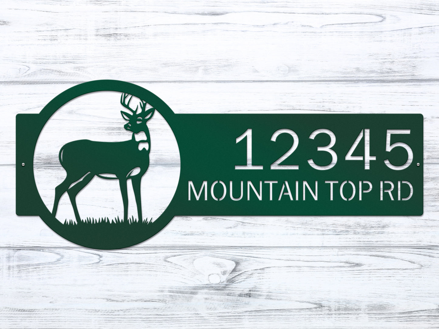 Customizable Deer Home Address Sign featuring a deer silhouette and large house numbers, crafted from high-quality steel, ideal for outdoor decor and personalized home identification.