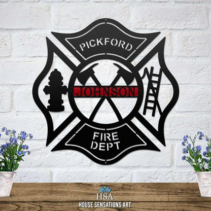 Personalized Firefighter Maltese Cross Axes, Ladder, Hydrant Address Sign showcasing intricate metalwork with firefighter symbols, ideal for home décor or as a housewarming gift for firefighters.