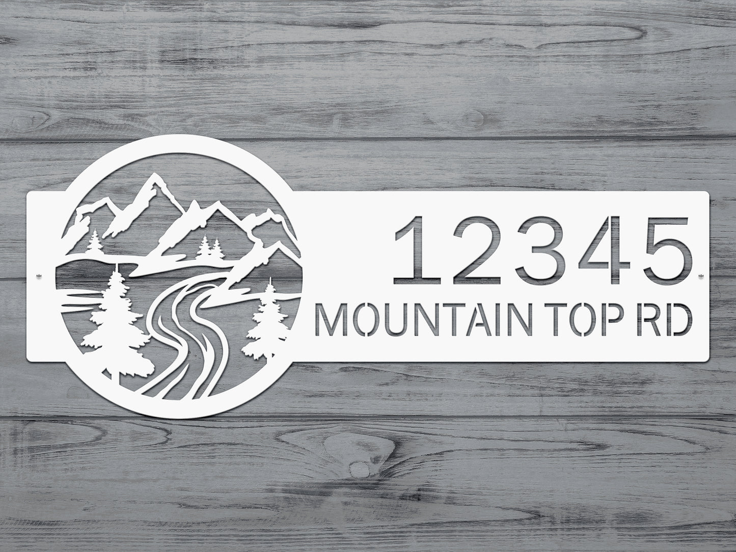 Desert Mountain Monogram Address Plaque with laser-cut mountain and river design, showcasing customizable house numbers on durable American-grade steel, ideal for enhancing your home's exterior and curb appeal.