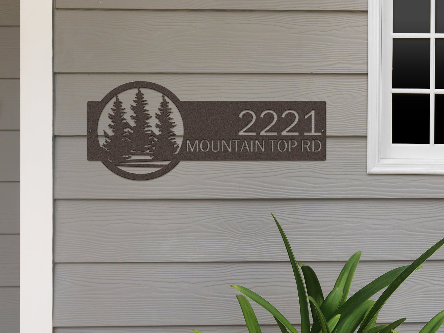 Evergreen Pine Trees Address Sign: A high-quality, laser-cut steel plaque with customizable house numbers and text, designed for durability and weather resistance, perfect for enhancing curb appeal or gifting.