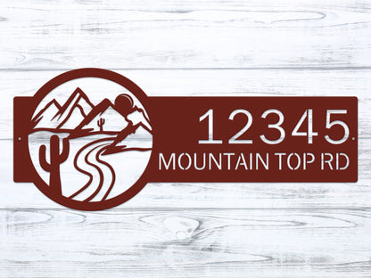 Desert Mountain Monogram Address Plaque showcasing custom metal house numbers with a mountain and river design, expertly crafted for outdoor décor, enhancing home charm and curb appeal.