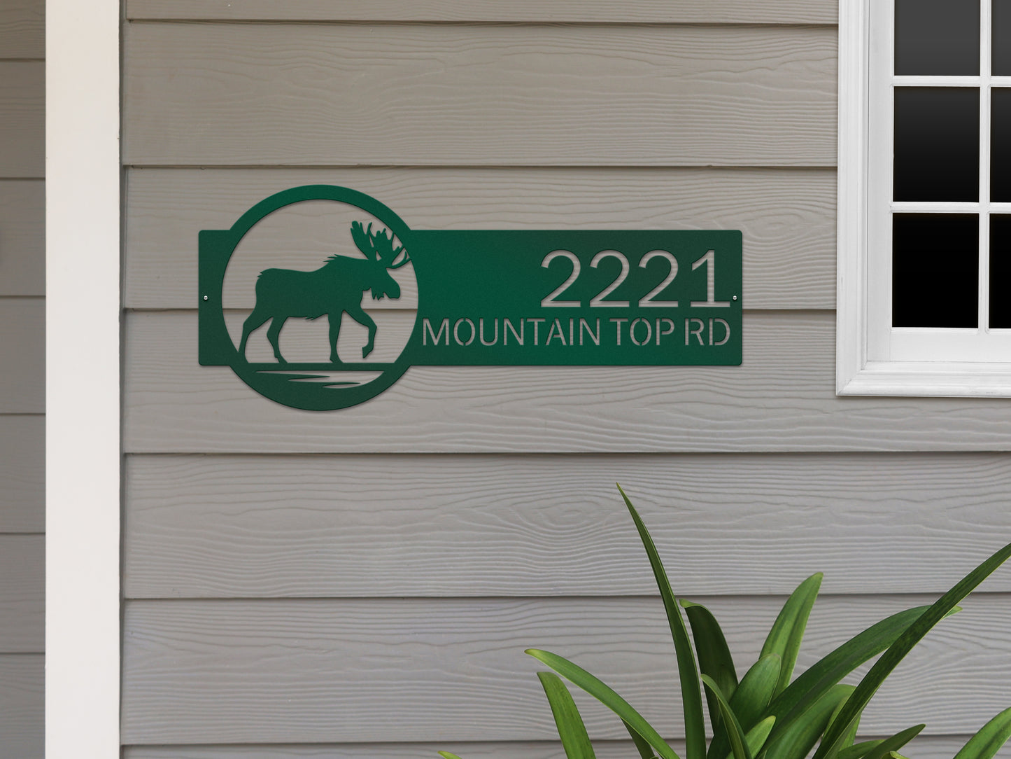 Moose Cabin Address Sign featuring a green moose motif and customizable house numbers, expertly crafted for weather resistance and elegant home décor by House Sensations Art.