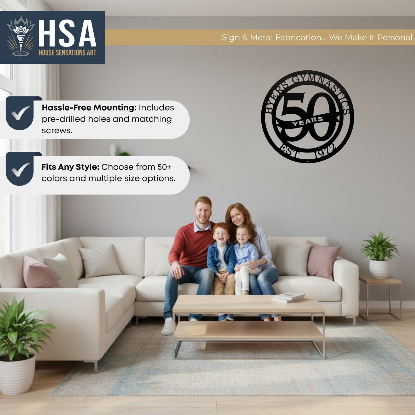 Custom metal family milestone wall art reading “50,” displayed in living room with family on couch, personalized decorative home décor, HouseSensationsArt