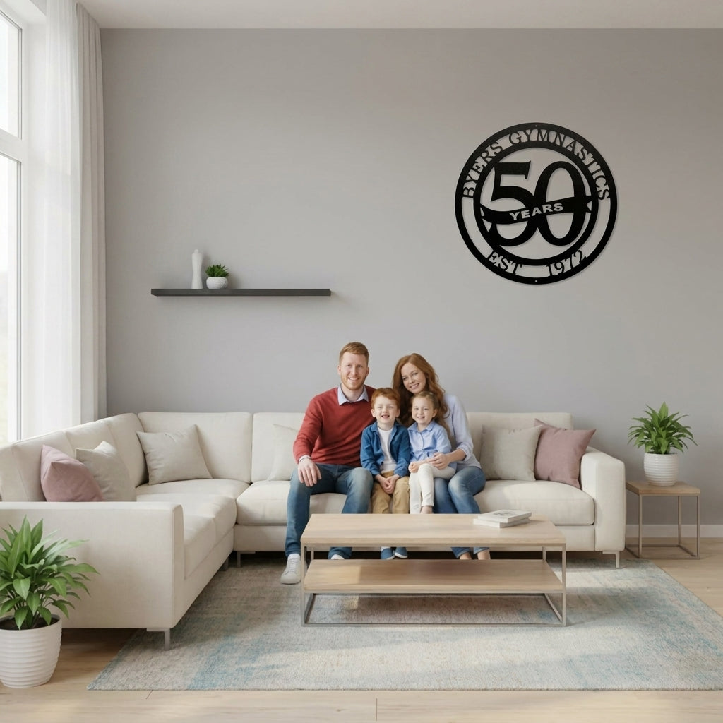 Custom metal family milestone wall art reading “50,” displayed in living room with family on couch, personalized decorative home décor, HouseSensationsArt