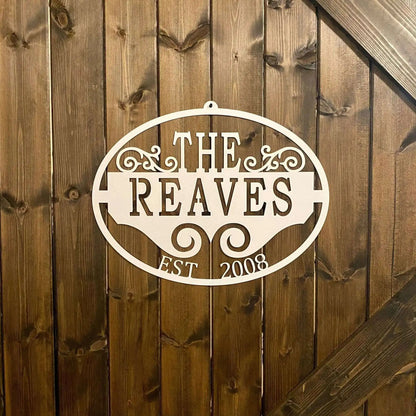 Elegant Family Name & Established Date Sign on a wooden surface, showcasing precise laser-cut craftsmanship, ideal for personalized home decor or outdoor display from House Sensation Art.