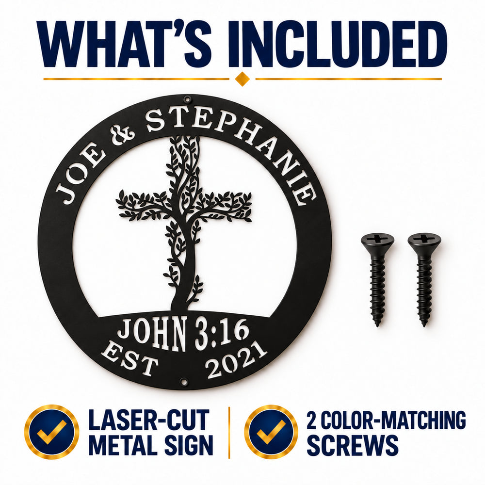 a black metal sign with a tree-like design and text, along with two screws and a checkmark indicating that it is included in a package.