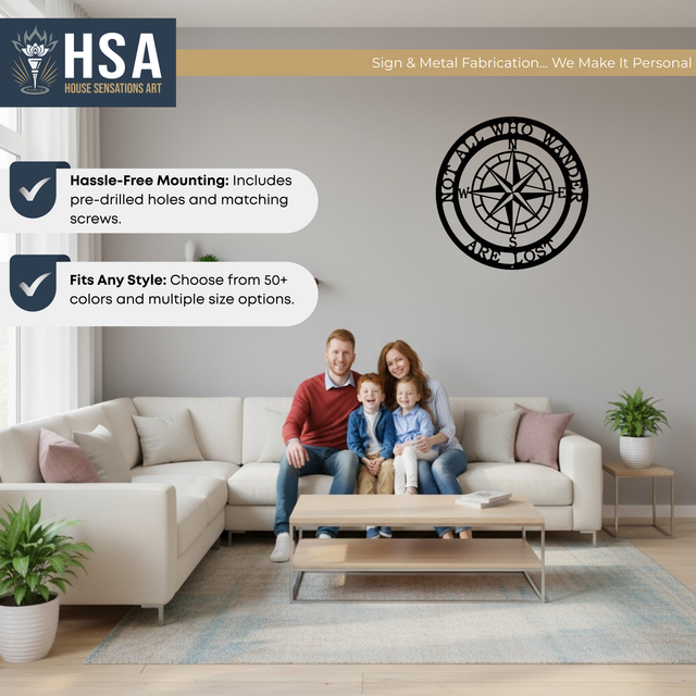 Nautical Compass Metal Sign: Lake House Decor, "Not All Who Wander"