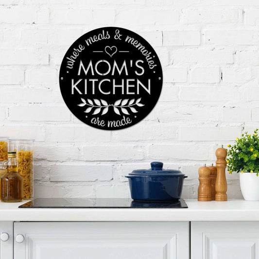 Mom's Kitchen Sign - Personalized Kitchen Decor displayed above a kitchen counter, showcasing its custom metal design with precision laser-cut details, perfect for adding a personal touch to any home space.