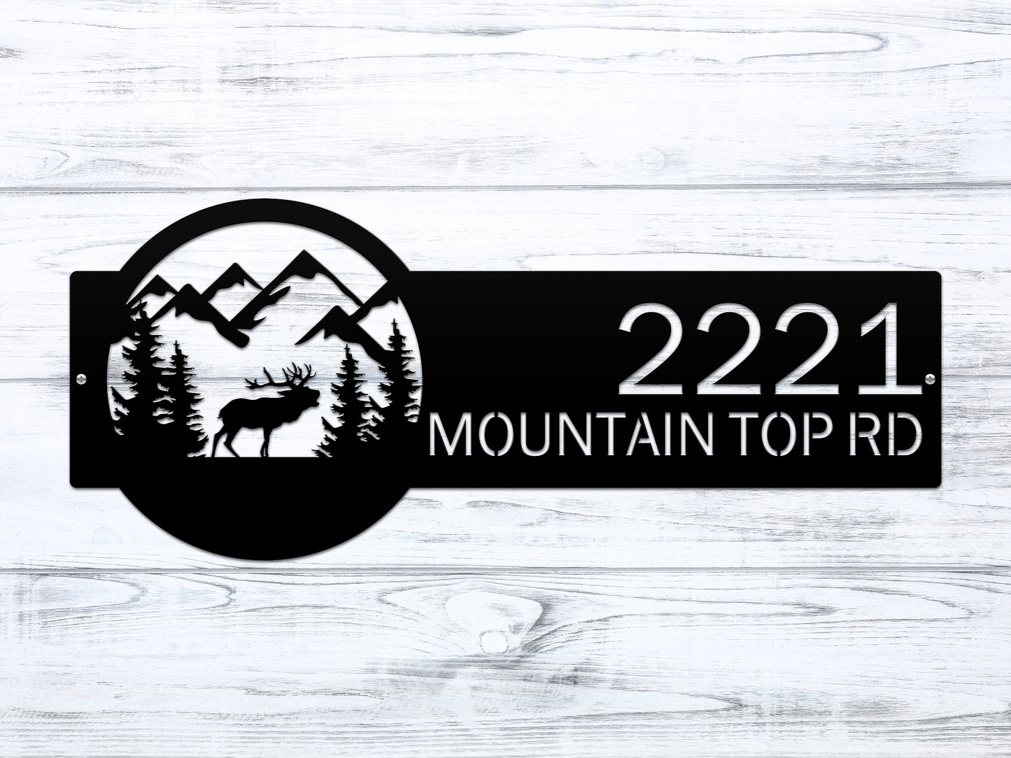 Mountain Elk Address Sign Plaque featuring a silhouette of a moose, trees, and mountains, highlighting customizable house numbers and weather-resistant design for home décor or housewarming gift.