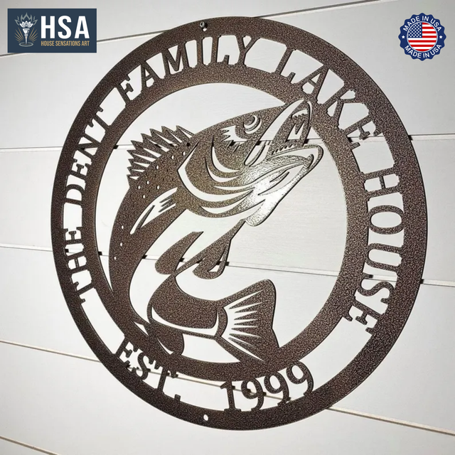 Custom metal fish wall art with powder coated steel, HSA branding, decorative coastal design with personalized text on white background, outdoor or indoor front door and lake house décor, custom color metal signage