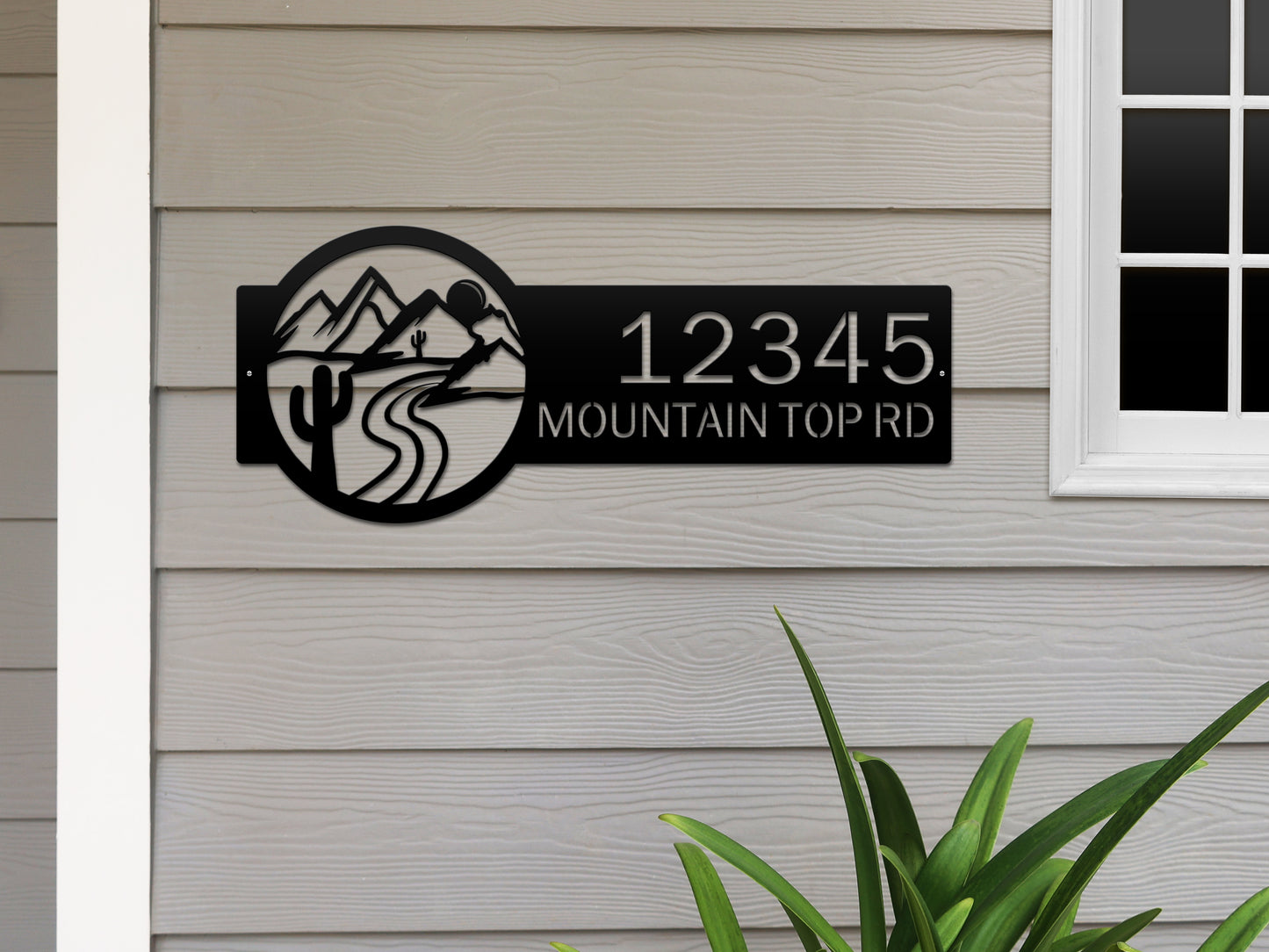 Desert Mountain Monogram Address Plaque, a metal art sign featuring mountains and a river, showcasing custom house numbers, ideal for outdoor home decor and housewarming gifts.