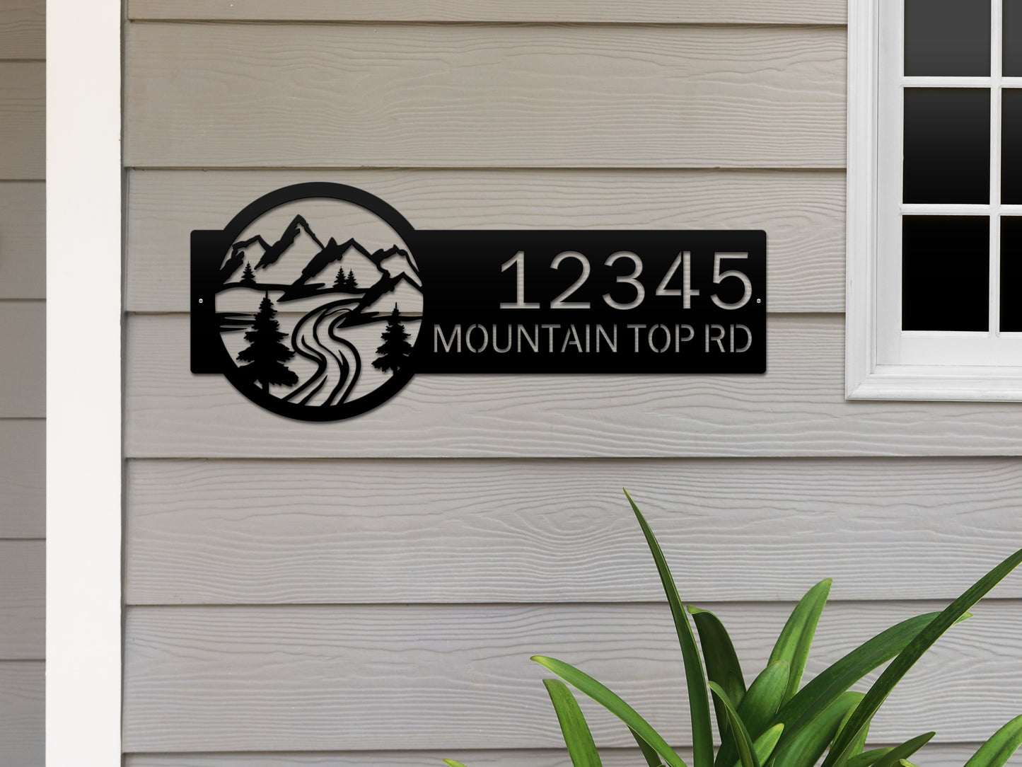 Desert Mountain Monogram Address Plaque showcasing elegant metal art of mountains and trees with custom house numbers, designed for outdoor durability and personalizing home exteriors.