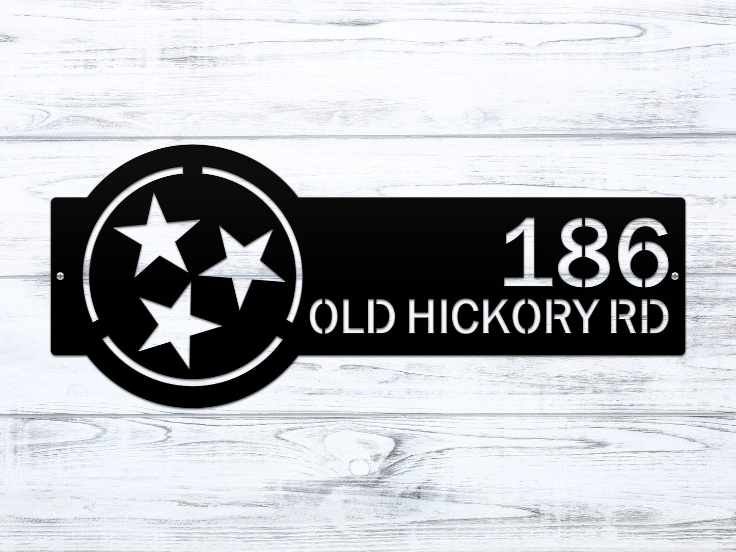 Tennessee Tristar Address Sign Plaque featuring custom house numbers and street name, showcasing precision laser-cut stars and text on a durable, weather-resistant metal plaque for stylish outdoor home décor.