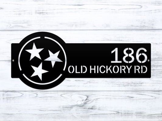 Tennessee Tristar Address Sign Plaque featuring custom house numbers and street name, showcasing precision laser-cut stars and text on a durable, weather-resistant metal plaque for stylish outdoor home décor.