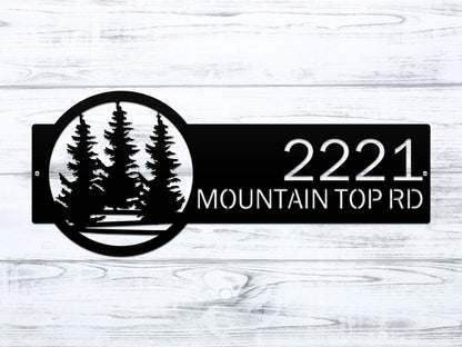 Evergreen Pine Trees Address Sign featuring laser-cut steel design with tree silhouettes and customizable white house numbers, ideal for outdoor home décor and personalized gifting.