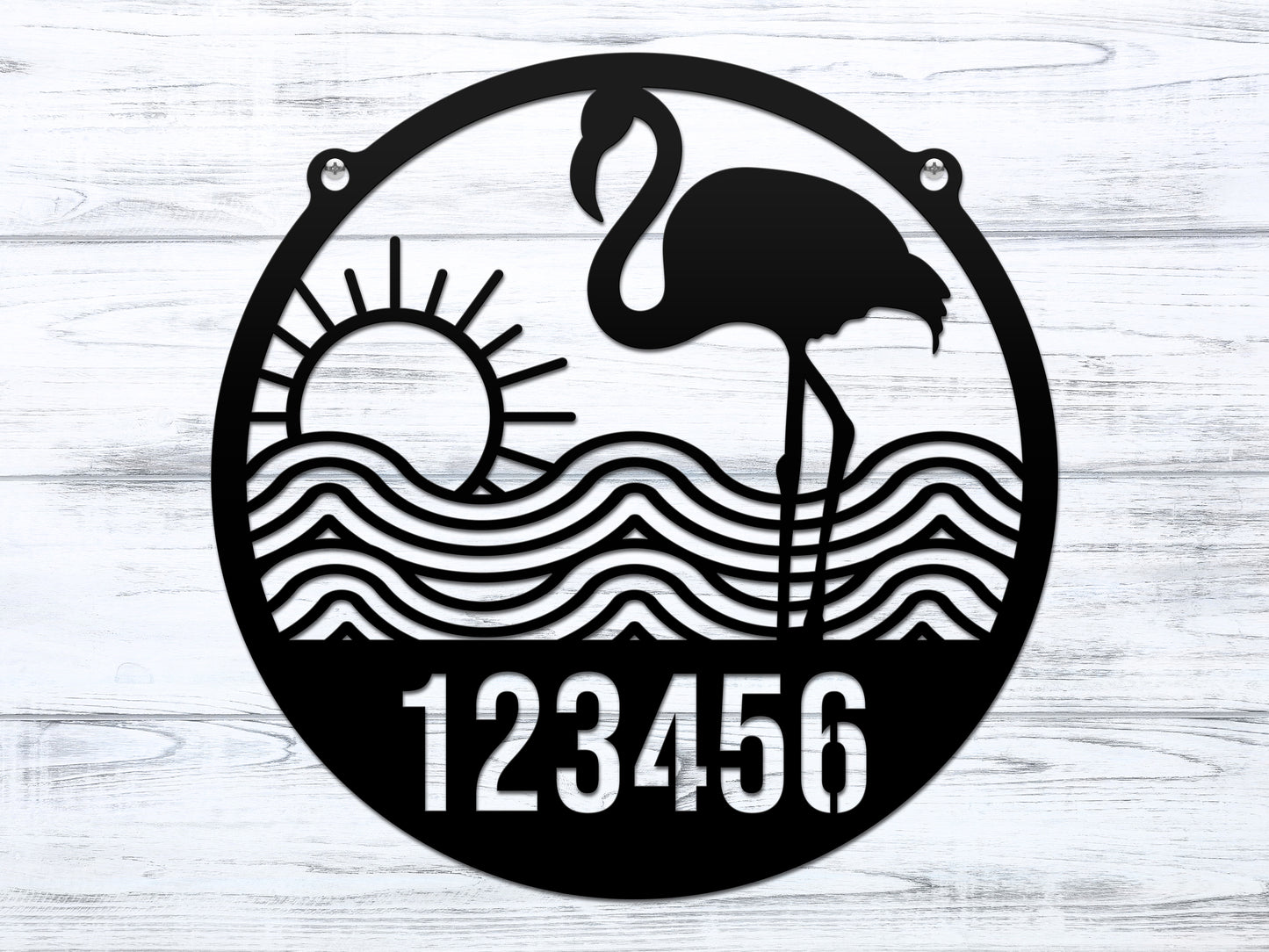 Flamingo Address Sign – Custom House Numbers Sign features a metal sign with flamingo, sun, and waves design. Ideal for outdoor home décor, offering personalized, weather-resistant address customization.