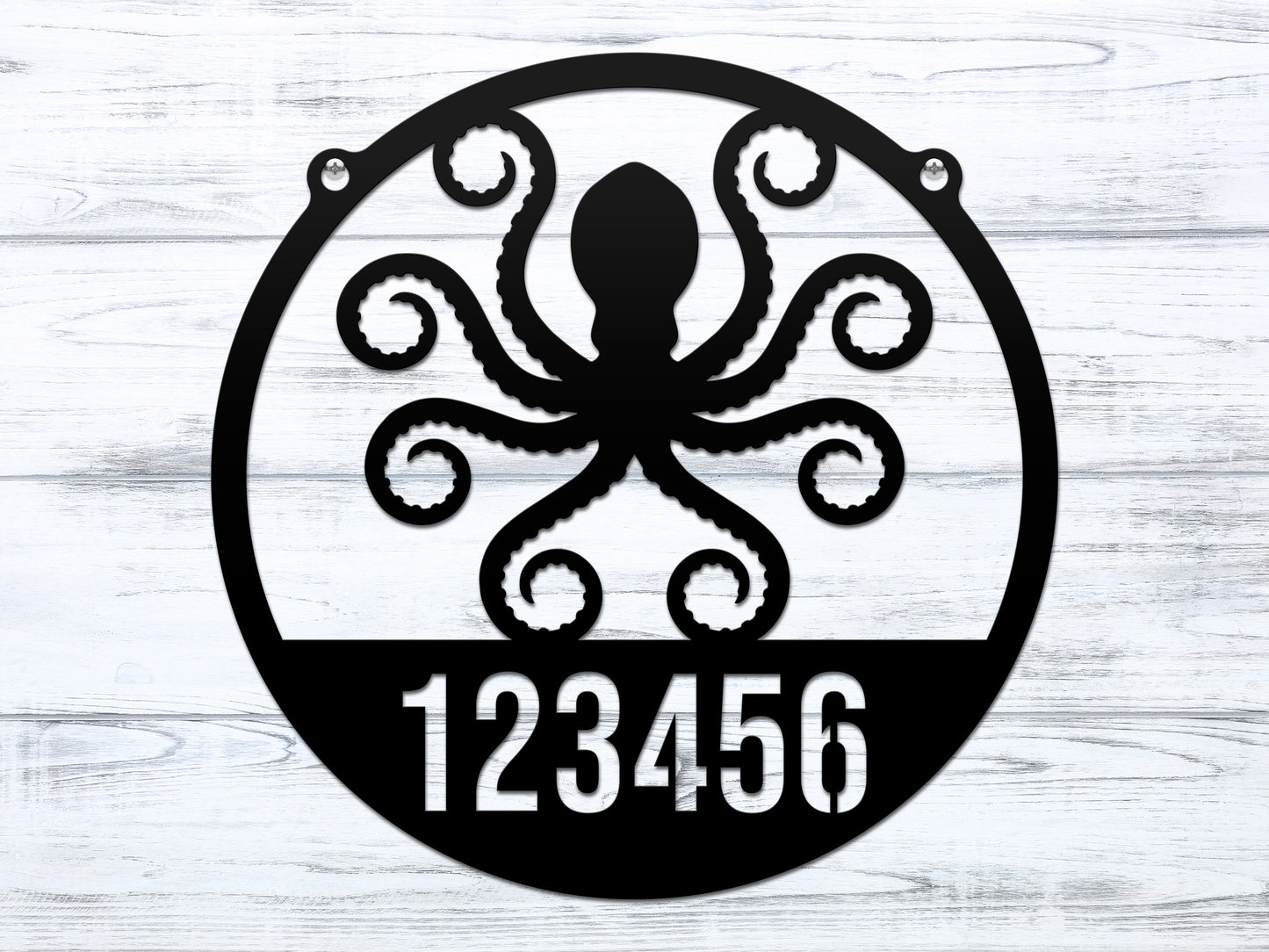 Octopus House Numbers Address Sign featuring a black octopus silhouette on a white wood surface, ideal for outdoor home décor and personalized with custom street numbers.