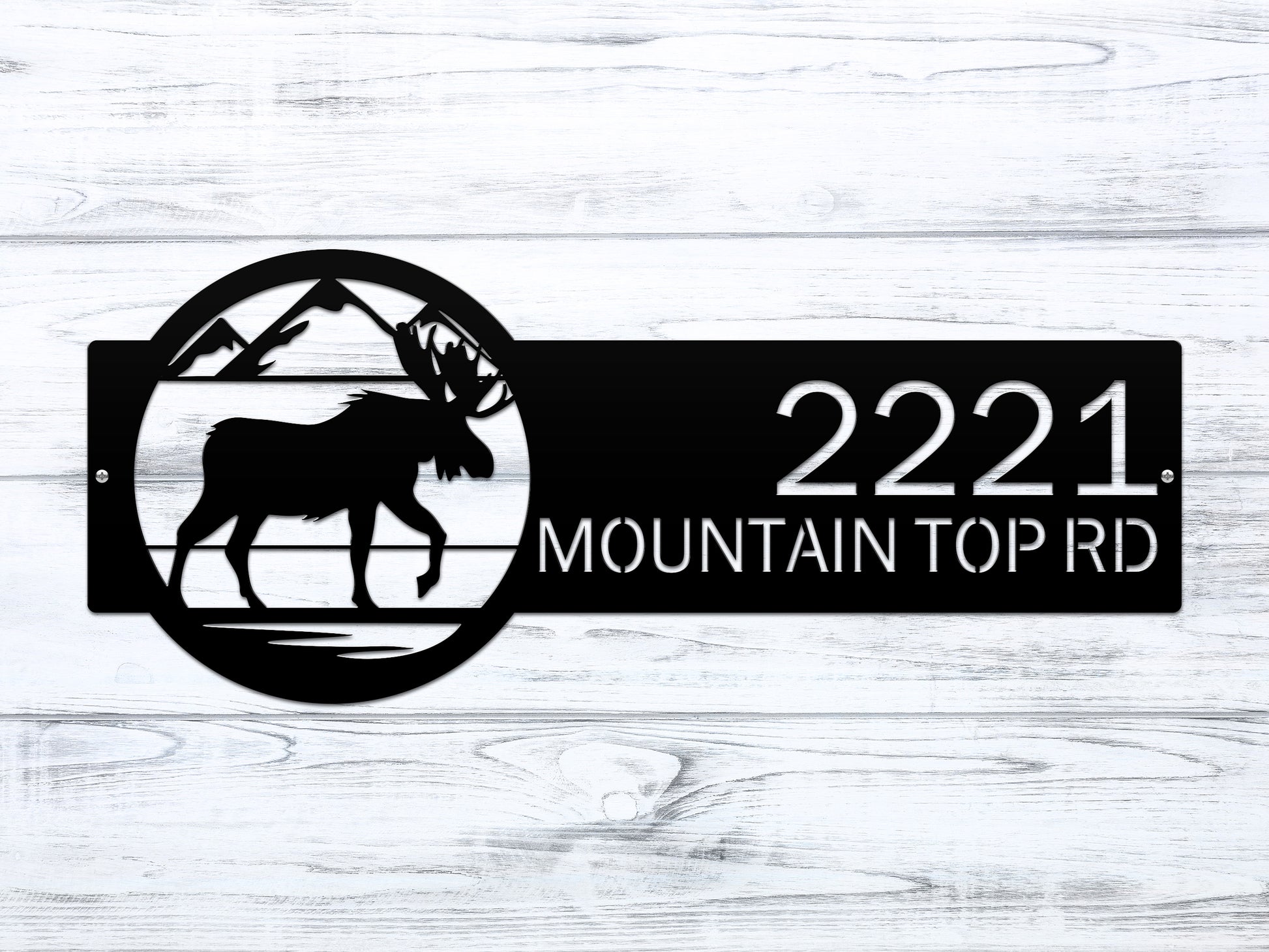 Mountain Moose Address Sign Plaque showcasing a silhouette of a moose with mountains, featuring custom house numbers and street name for outdoor home décor and housewarming gift. Durable, weather-resistant steel design.