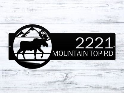 Mountain Moose Address Sign Plaque showcasing a silhouette of a moose with mountains, featuring custom house numbers and street name for outdoor home décor and housewarming gift. Durable, weather-resistant steel design.