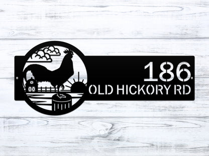 Rooster Farm Address Sign Plaque showcasing a black metal rooster silhouette and barn motif, personalized with custom house numbers and street name, designed for outdoor rustic home décor and gift-giving.