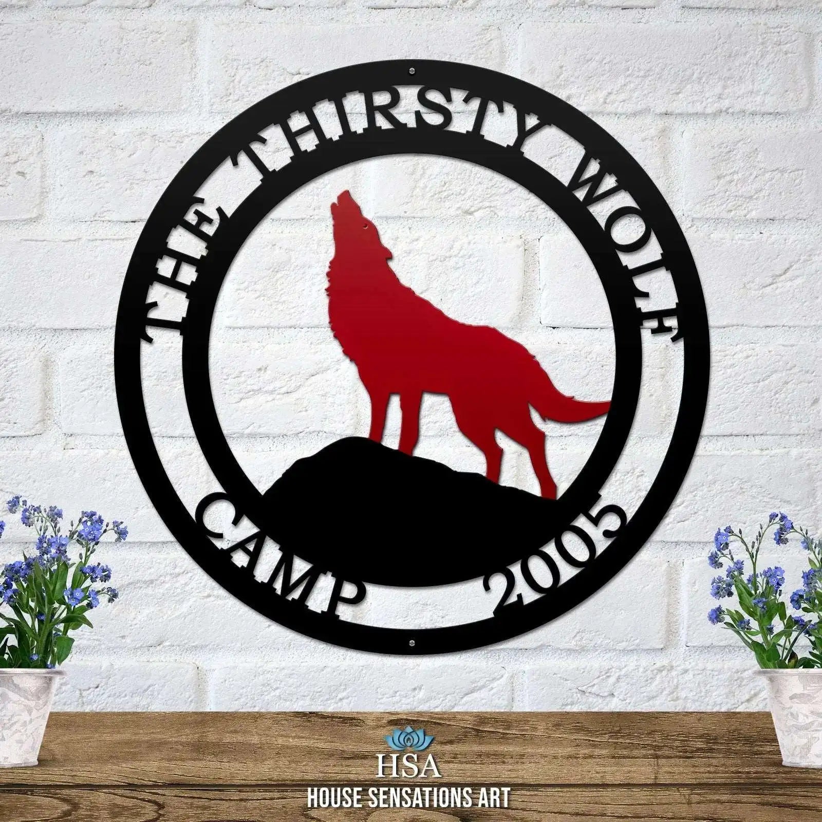 Metal Personalized Wolf Ranch Sign featuring a red wolf howling at the moon, crafted with precision laser-cut steel, ideal for outdoor use as a custom housewarming gift.