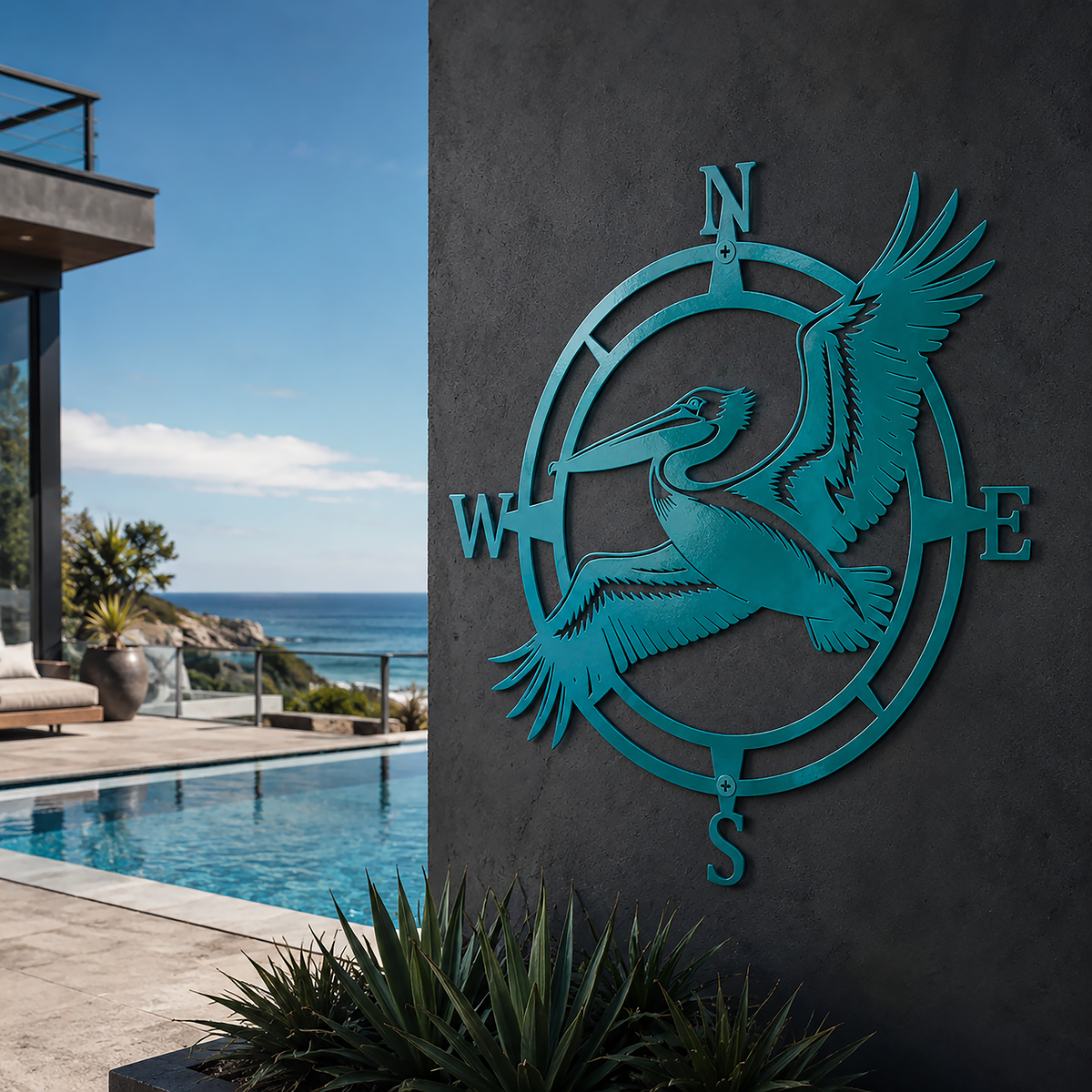 Blue Heron Compass Art – Coastal Metal Wall Decor | Weather Resistant Outdoor Sign